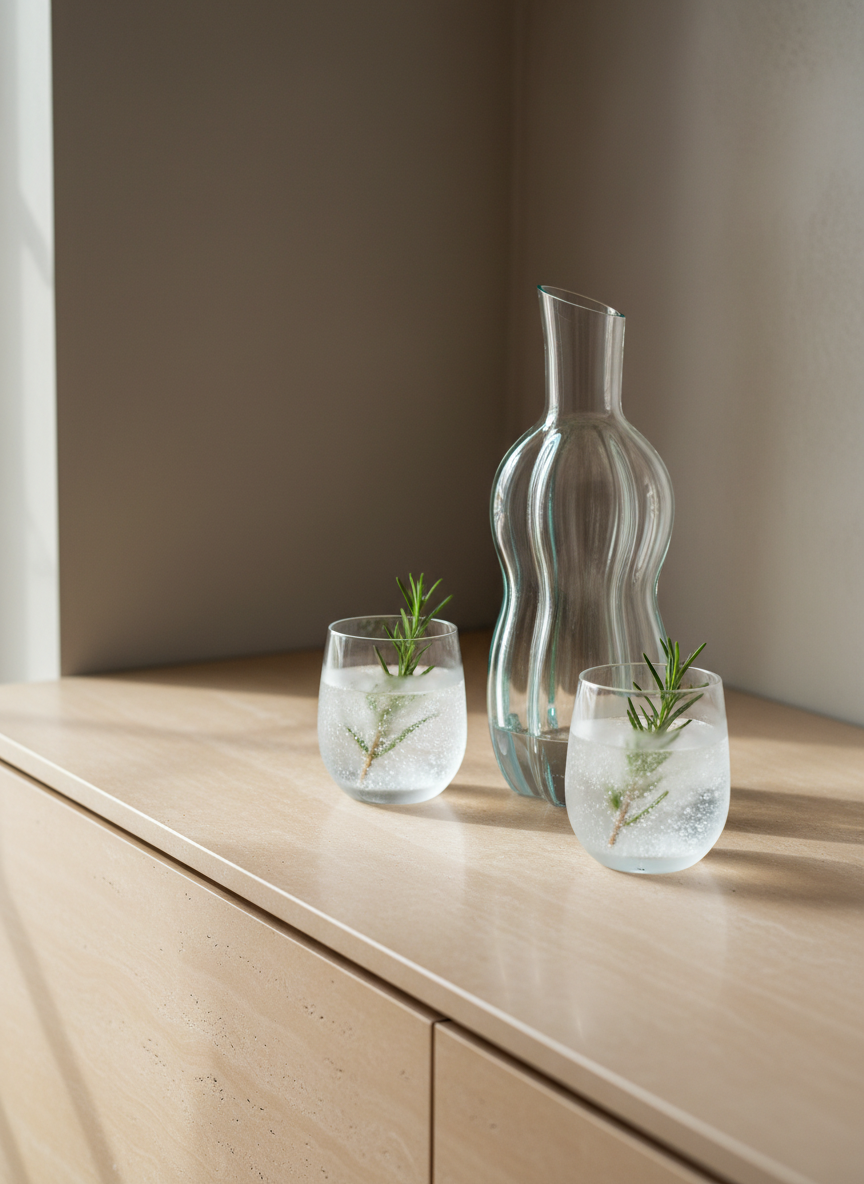 A contemporary glass decanter with a clear, sculptural form and subtle gradient highlights sits beside a pair of frosted crystal tumblers, half-filled with sparkling water accented by sprigs of fresh rosemary. The ensemble is arranged on a smooth, sandstone-topped sideboard in a softly lit corner, where indirect daylight paints gentle tonal transitions across the surfaces. The arrangement is sparse and intentional, evoking a serene and luxurious mood. Captured from a high, three-quarters perspective using the rule of thirds, the image employs a minimalist style with elegant details, perfectly suited to a sophisticated private dining website.