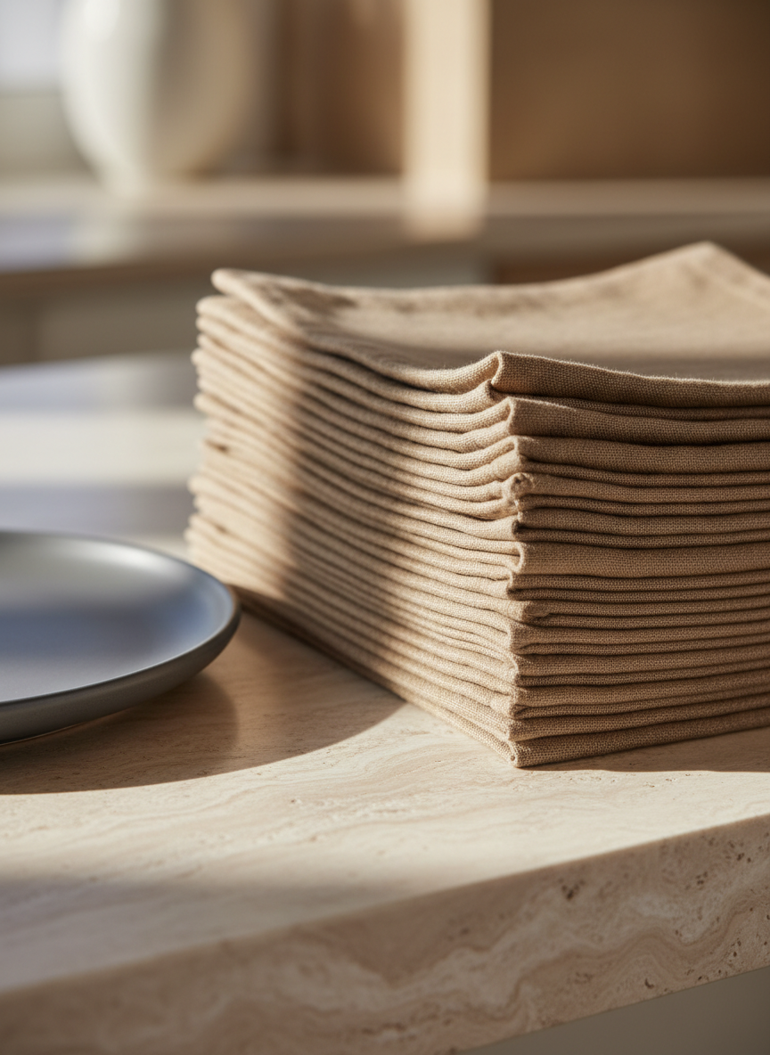 A stack of perfectly folded, natural linen napkins in warm taupe tones, their textures crisply defined and edges aligned, rests on the corner of a polished travertine surface. Nearby, a sleek slate-gray ceramic plate anchors the scene. Soft, diffused morning light enters from the side, creating subtle highlights and gentle shadows that accentuate the napkins’ tactile quality. The atmosphere is calm, understated, and full of anticipation for a refined brunch. Photographed from a close-up, slightly low angle with shallow depth, the minimalist composition and subdued color palette express sophisticated attention to detail.
