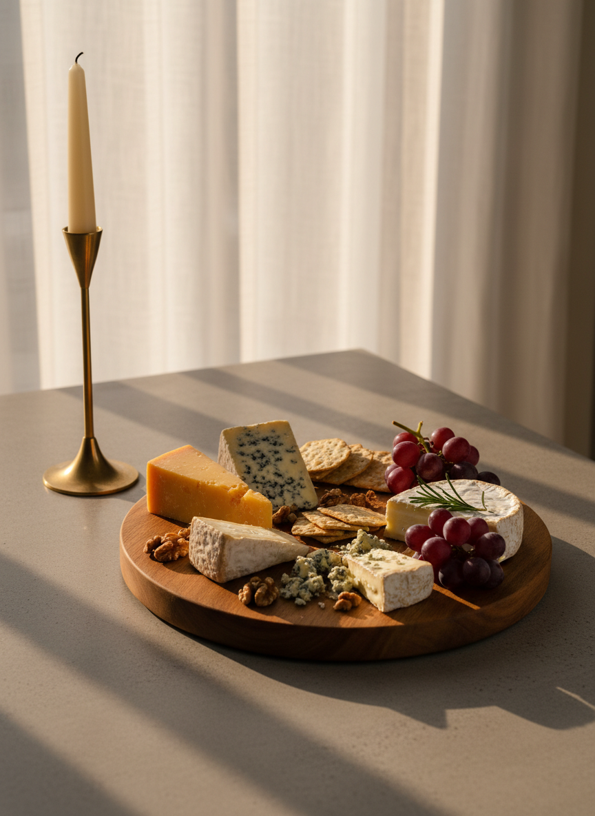 A hand-carved wooden cheese board with a delicate matte finish displays an artfully arranged selection of aged cheeses, slate-toned crackers, and muted purple grapes. The board is positioned atop a minimalist matte concrete table, with a single slender brass candle holder nearby. Ambient evening light, softened by sheer drapes, bathes the scene in gentle golden tones, casting elegant shadows and soft reflections. The carefully balanced, asymmetrical composition draws the eye to the harmonious pairings and lush textures, presenting a poised, intimate setting for gourmet private entertaining. The photographic realism, subdued hues, and focus on material authenticity reinforce the refined brand personality.